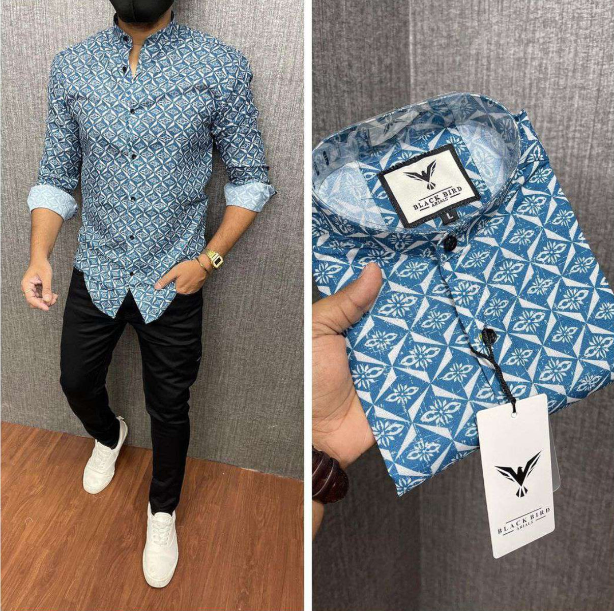 Blue and White graphic Cotton printed Shirt For Men